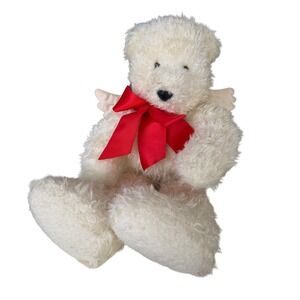 Vintage Hallmark Angel Teddy Bear White Plush Red Bow Wings 14"
